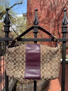 Coach Beige Signature Canvas Shoulder Bag with Plum/Burgundy Leather Panel